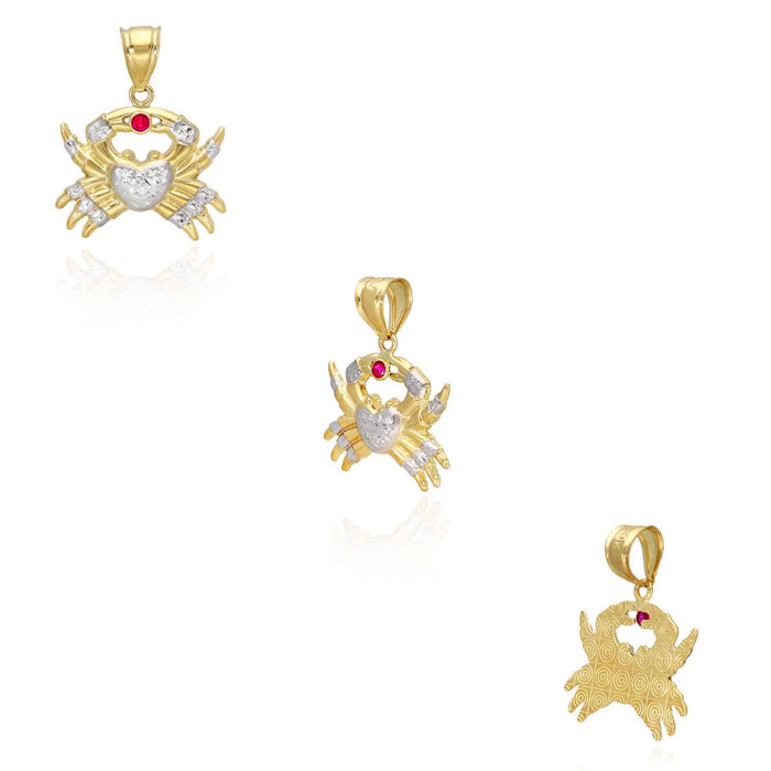 10K Yellow Gold Red Ruby Shaped Crab Pendant 1.18"