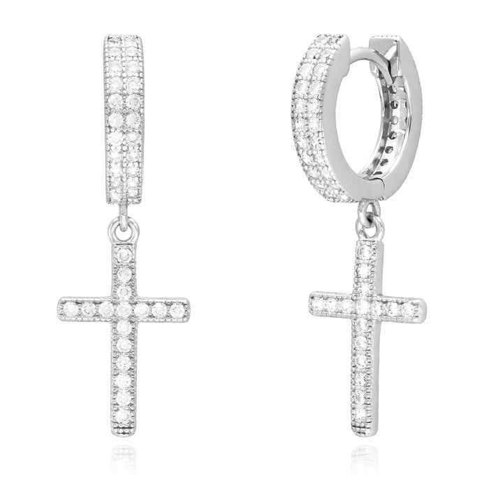 14K Gold Over Silver CZ Cross Huggie Hoop Earrings 1.18"