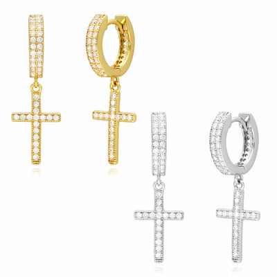 14K Gold Over Silver CZ Cross Huggie Hoop Earrings 1.18"