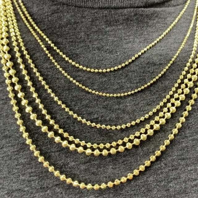 10K Yellow Gold 1.7-4mm Moon-Cut Beaded Dog Tag Chain (Solid Links) 16"-30"