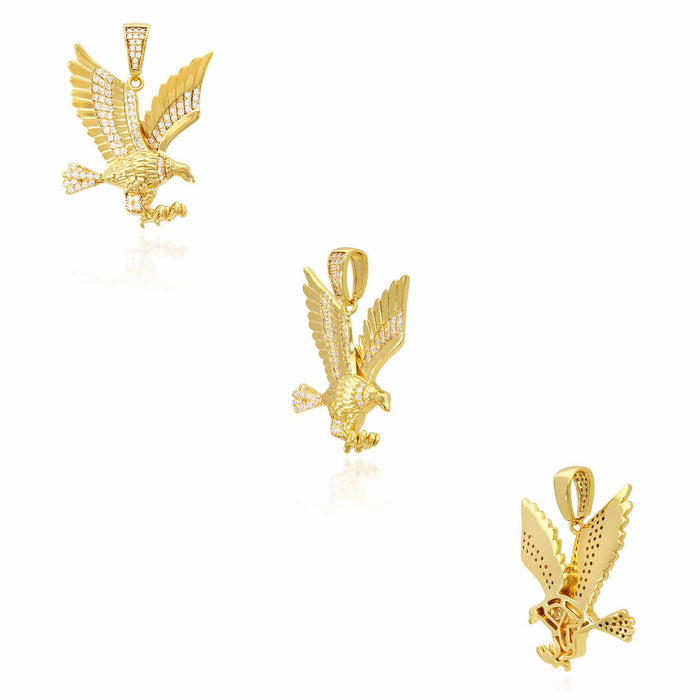14k Yellow White Gold Over Silver White Zirconia Open Wings Eagle Pendant 1.57"