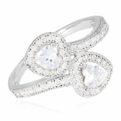 14K Gold White CZ Two Halo Hearts Wrap Ring