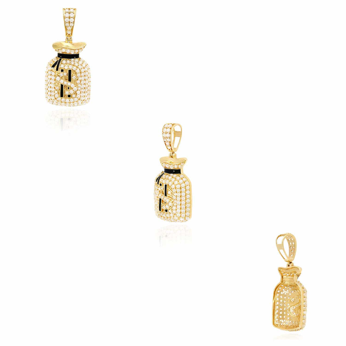 14K Yellow Gold CZ Black Enamel Cash Money Bag Pendant 1.8"