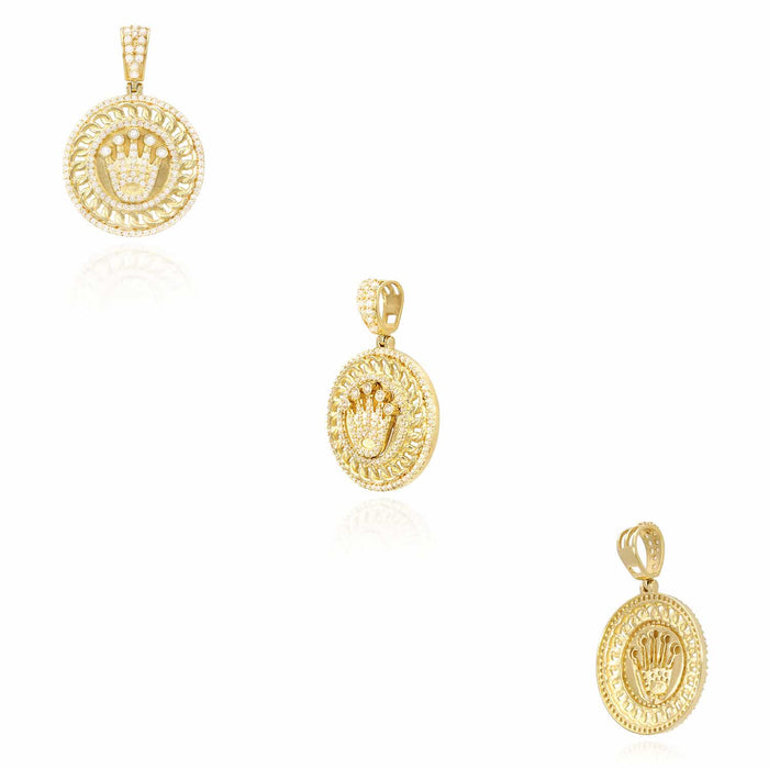 14K Yellow Gold CZ Crown Round Medallion Pendant 1.46"