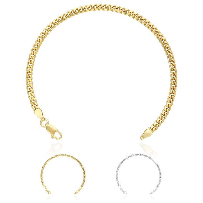 14K Yellow White Gold Over Sterling Silver 3.5mm Miami Bracelet (Solid Links) 7"