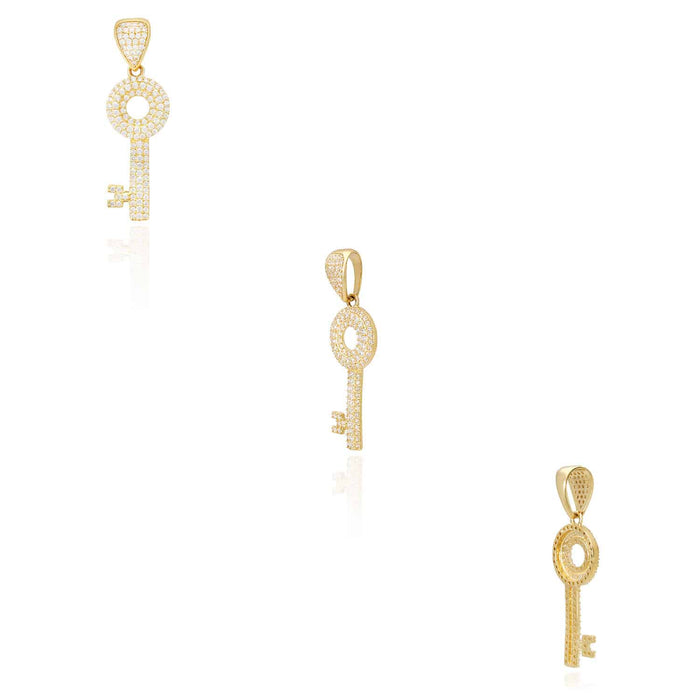1.40CTW CZ Pave 10K Yellow Gold Key Pendant 1.57"