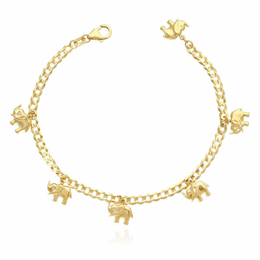 Solid 14K Gold Yellow Cuban  Elephant Charm Bracelet 7.5"