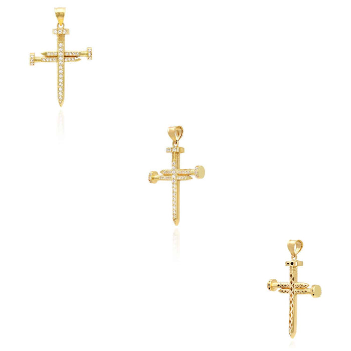 10K Yellow Gold CZ Pave Nail Cross Pendant 1.77"
