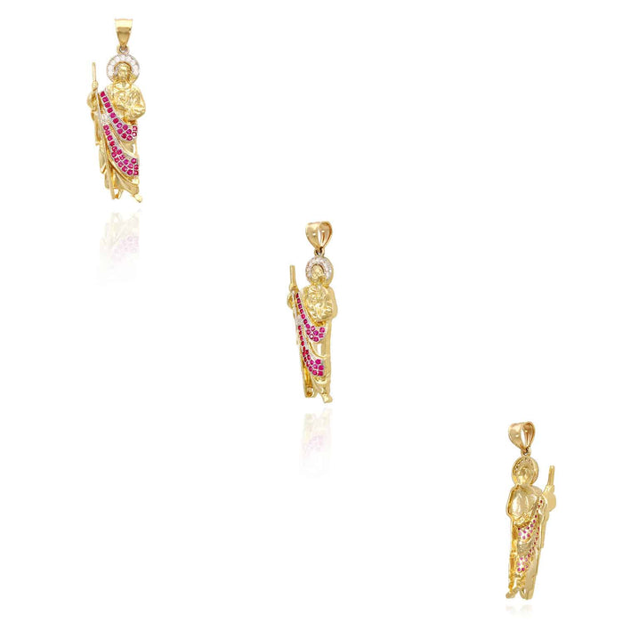 1.25CTW Ruby Emerald 14K Yellow Gold Religious St. Jude Pendant 1.8"