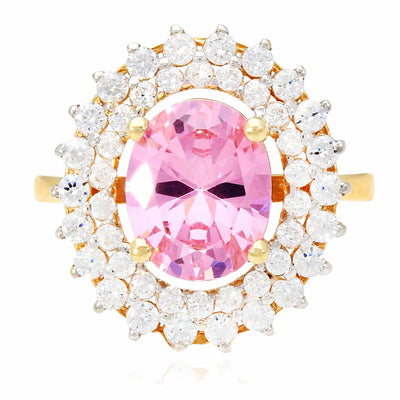 3.25CTW Oval Pink Tourmaline CZ Halo 14K Gold Cocktail Ring