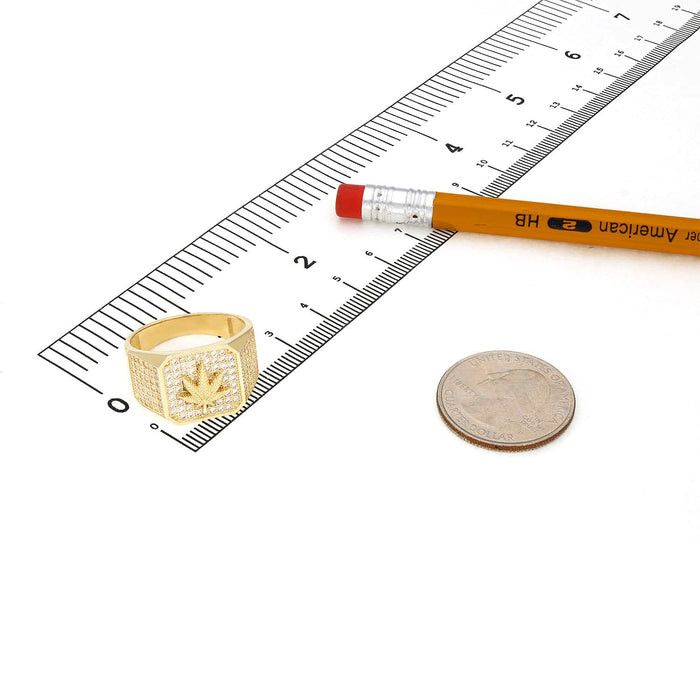 14K Yellow Gold CZ Pave Marijuana Cannabis Leaf Signet Ring