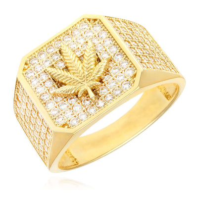 14K Yellow Gold CZ Pave Marijuana Cannabis Leaf Signet Ring