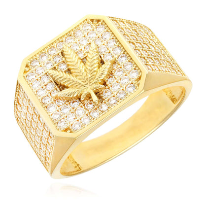 10K Yellow Gold CZ Pave Marijuana Cannabis Leaf Signet Ring