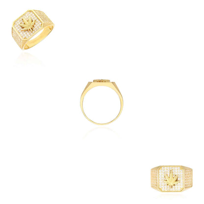 10K Yellow Gold CZ Pave Marijuana Cannabis Leaf Signet Ring