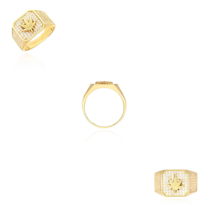 10K Yellow Gold CZ Pave Marijuana Cannabis Leaf Signet Ring - WJD Exclusives