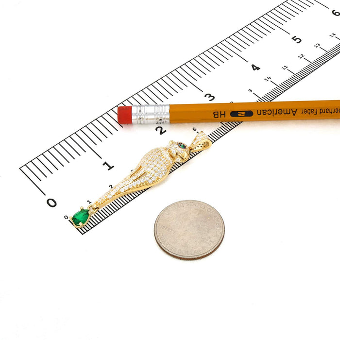 14K Yellow Gold CZ Pave Panther Pendant With Dangle Pear Emerald