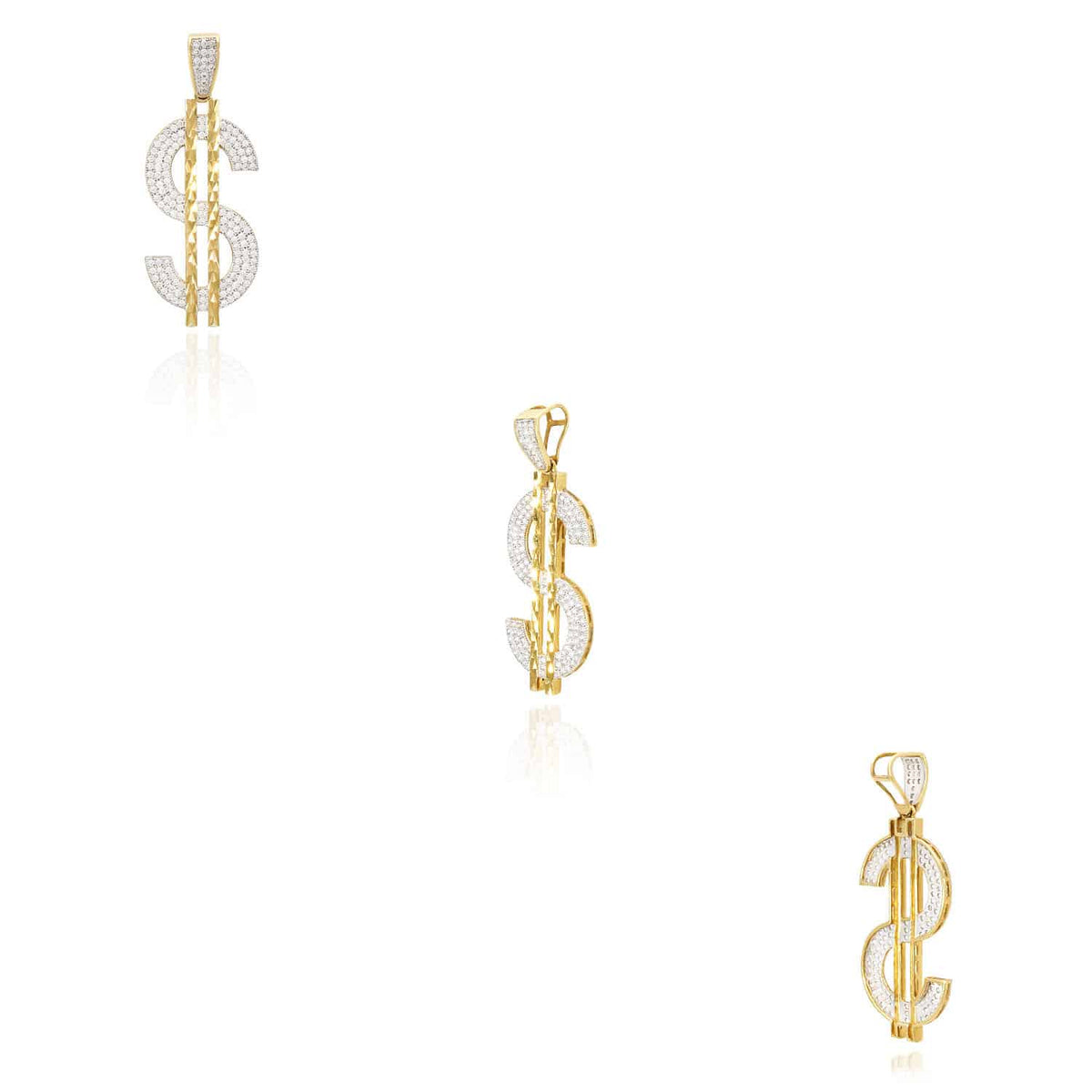 10K Yellow Gold CZ Dollar Sign Diamond-Cut Pendant 1.97"