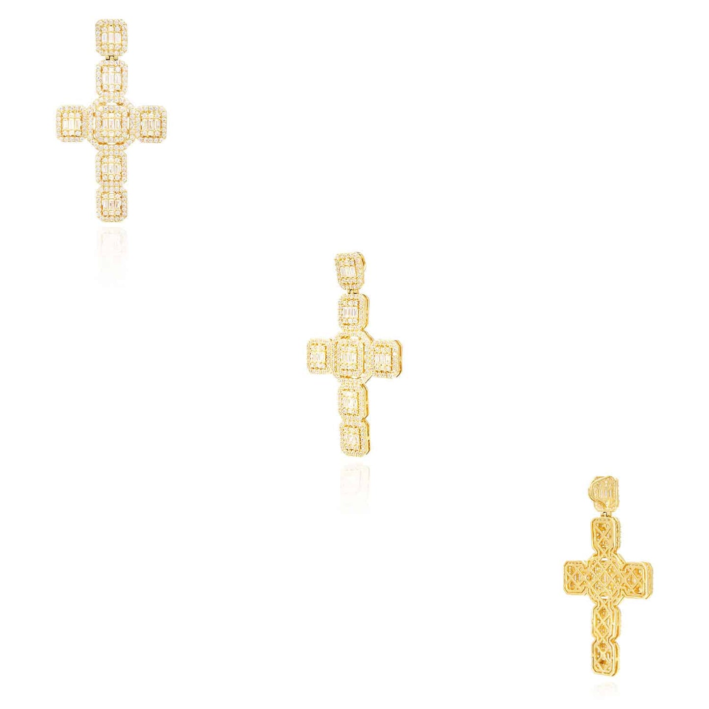 6.5CTW Baguette Round CZ Cluster 14K Gold Cross Pendant 2.4"