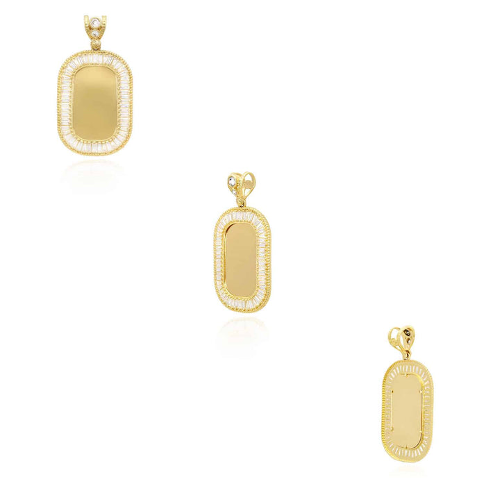 14K Gold CZ Rounded Rectangular Picture Memory Pendant 2.17"