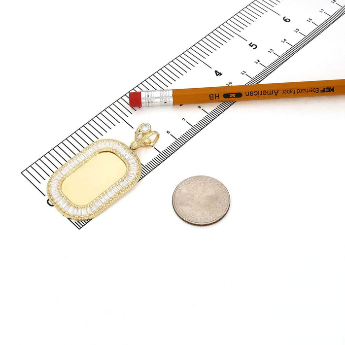 14K Gold CZ Rounded Rectangular Picture Memory Pendant 2.17"