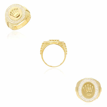 14K Gold Yellow CZ Pave Oval Royal Crown Signet Ring