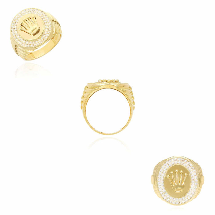 14K Yellow Gold CZ Pave Oval Royal Crown Signet Ring
