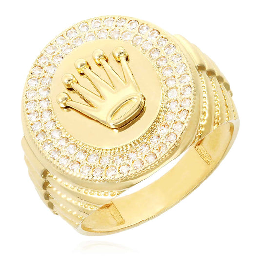 14K Gold Yellow CZ Pave Oval Royal Crown Signet Ring