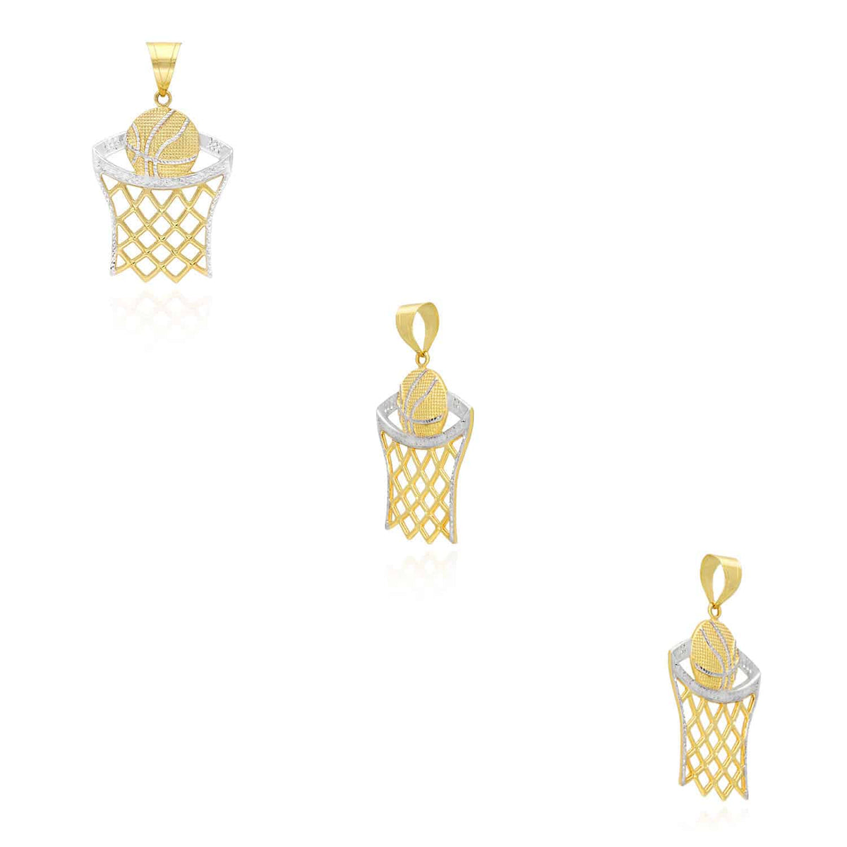 10K Yellow Gold Two-Tone Diamond-Cut Basketball Hoop Sport Pendant 1.57"-2.76"