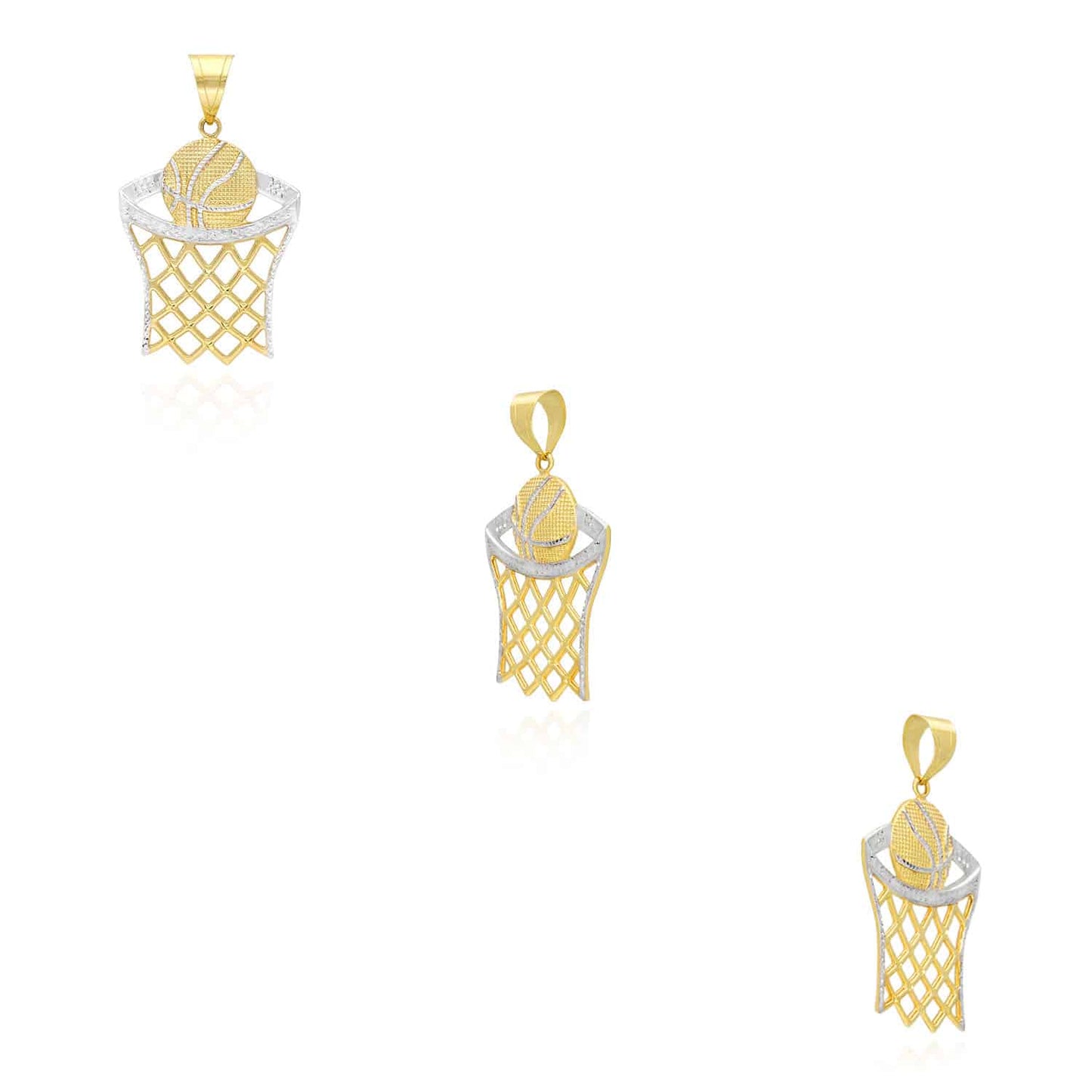 10K Yellow Gold Two-Tone Diamond Cut Basketball Hoop Sport Pendant 1.57"-2.76"