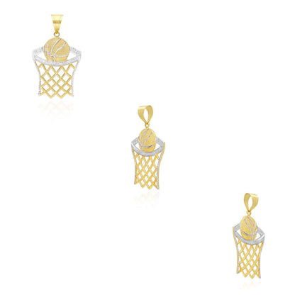 10K Yellow Gold Two-Tone Diamond Cut Basketball Hoop Sport Pendant 1.57"-2.76"