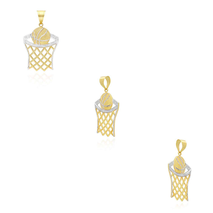 10K Yellow Gold Two-Tone Diamond-Cut Basketball Hoop Sport Pendant 1.57"-2.76"