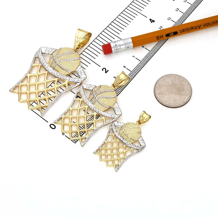 10K Yellow Gold Two-Tone Diamond-Cut Basketball Hoop Sport Pendant 1.57"-2.76"