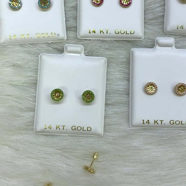 14K Yellow Gold Diamond-Cut Gemstone Round Halo 7mm Screw Back Stud Earrings