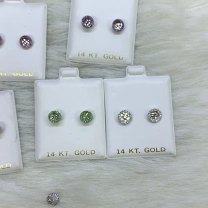 14K White Gold Diamond Cut Gemstone Round Halo 7mm Screw Back Stud Earrings