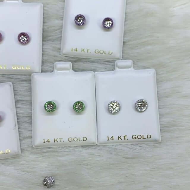 14K White Gold Diamond-Cut Gemstone Round Halo 7mm Screw Back Stud Earrings