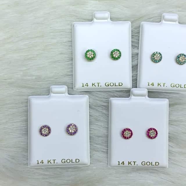 14K Gold Halo Round Cluster Screw Back CZ Birthstone Stud Earrings