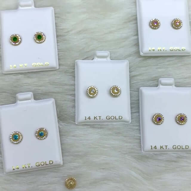 14K Yellow Gold Color Gemstone Round Halo Fancy Birthstone Screw Stud Earrings