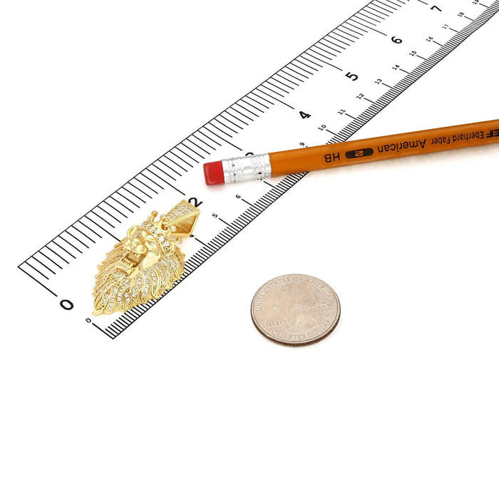 Yellow Gold Over Silver CZ Lion Crown Face Pendant 1.57"