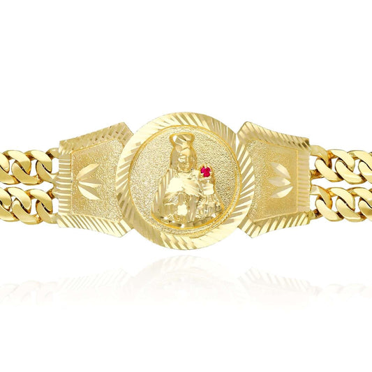 14K Gold Yellow With Ruby Saint Barbara Double Solid Miami  Bracelet 9"