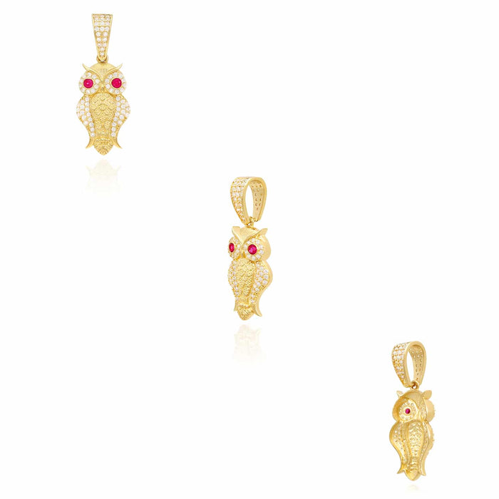 14K Yellow Gold CZ Ruby Eyes Owl Pendant 1.4"