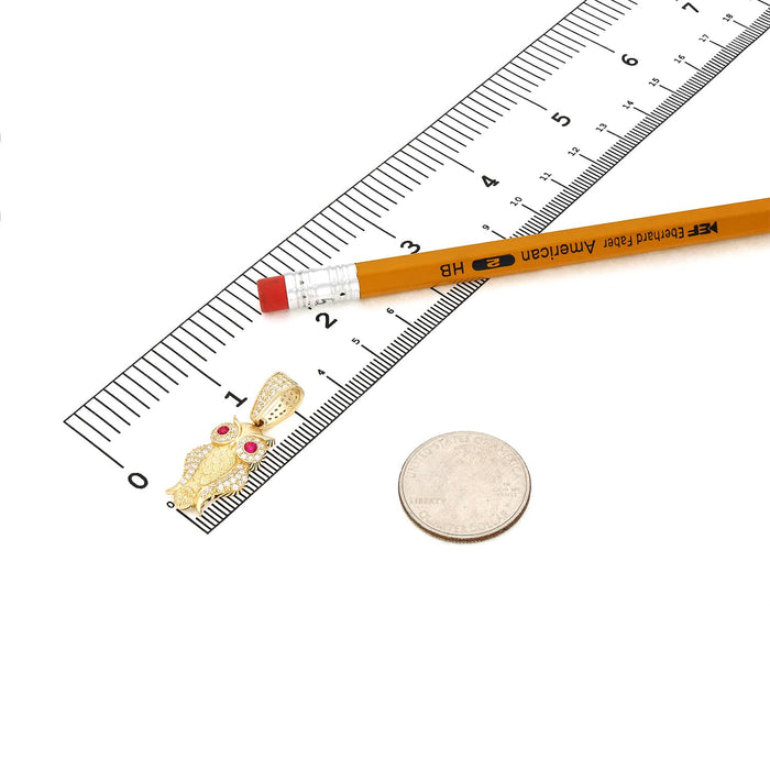 14K Yellow Gold CZ Ruby Eyes Owl Pendant 1.4"