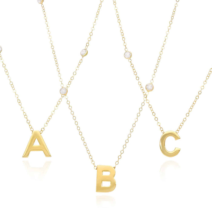 14K Yellow Gold Initial CZ Station Cable Necklace (Solid Links) 17"-18" Adjustable