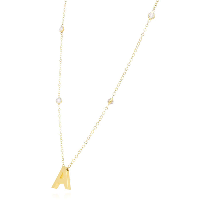 14K Yellow Gold Initial CZ Station Cable Necklace (Solid Links) 17"-18" Adjustable