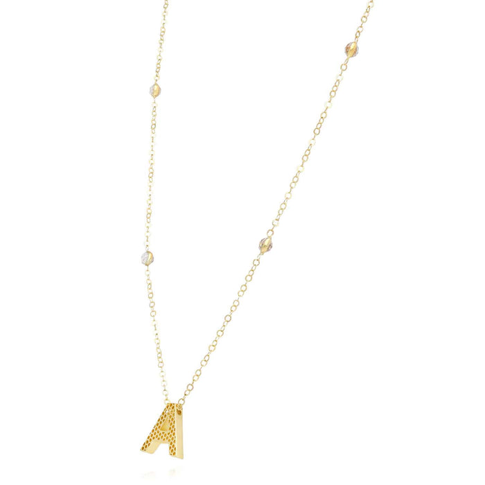 14K Yellow Gold Initial CZ Station Cable Necklace (Solid Links) 17"-18" Adjustable