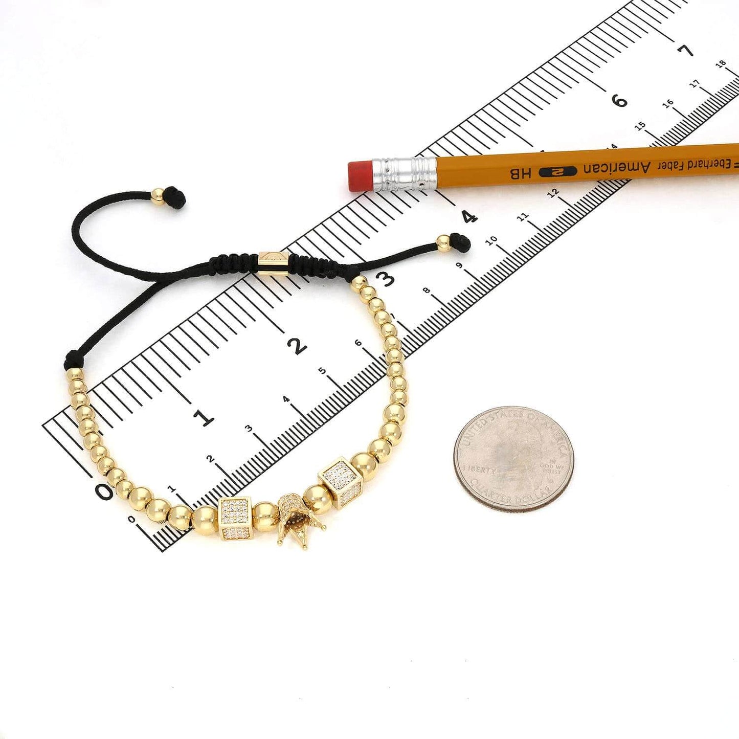 14K Gold CZ 6mm Crown Adjustable Graduated Bead Bolo Bracelet 9"
