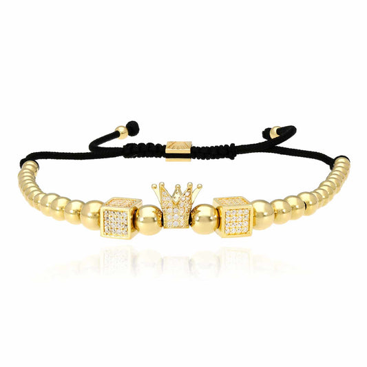 14K Gold CZ 6mm Crown Adjustable Graduated Bead Bolo Bracelet 9"