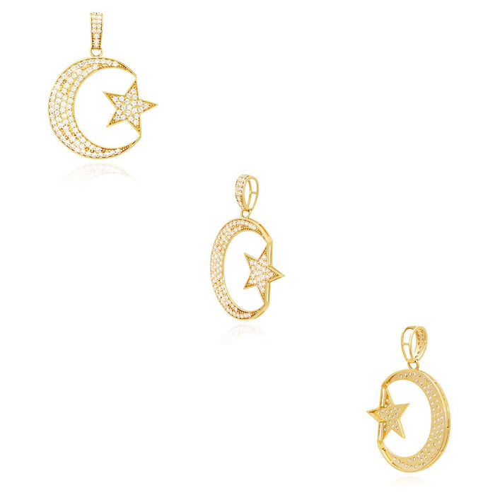 14K Gold CZ Pave Crescent Moon Star Pendant 1"-1.4"