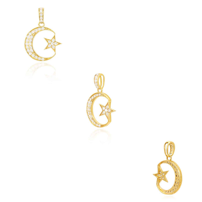14K Gold CZ Pave Crescent Moon Star Pendant 1"-1.4"