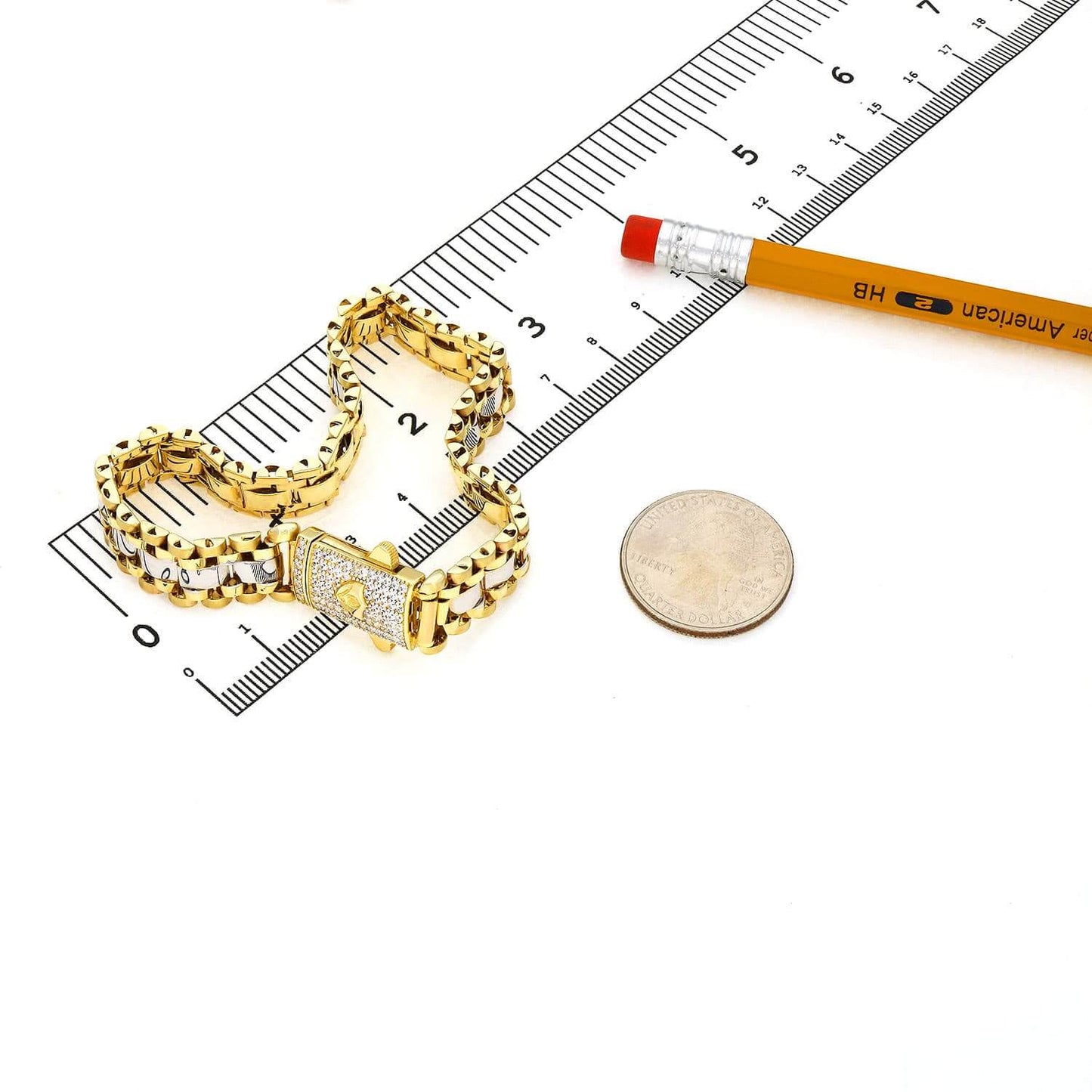 Solid 10K Gold Two-Tone 11mm CZ Pave Clasp Jubilee Bracelet 8.25"