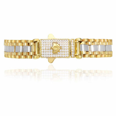 10K Two-Tone Gold 11mm CZ Pave Clasp Jubilee Bracelet (Solid Links) 8.25"